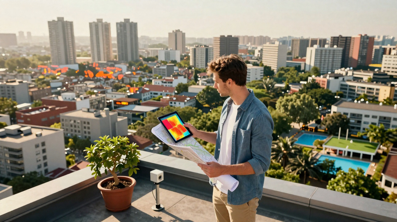 Man on rooftop examining heat map on tablet with cityscape in the background and holding a rolled map.