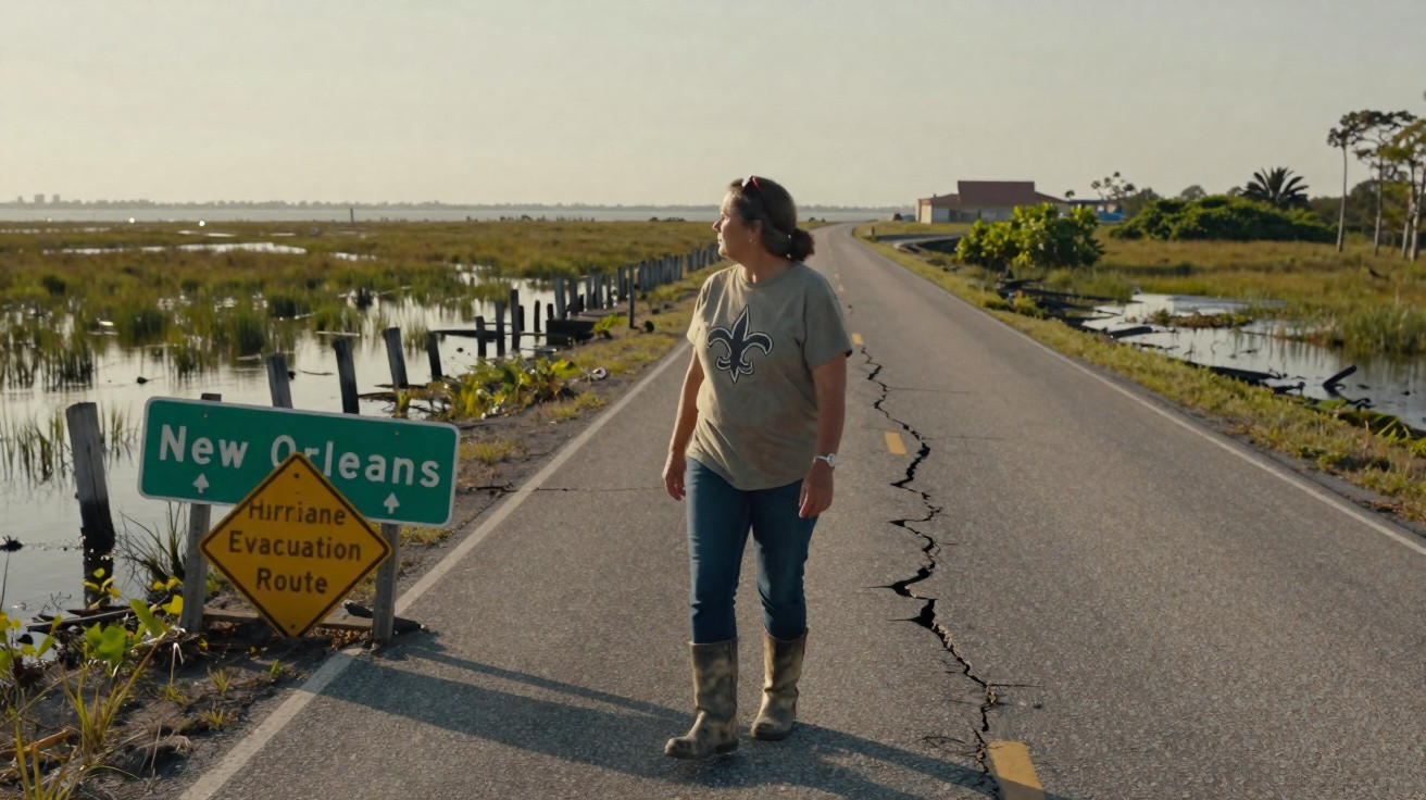 Woman in boots stands on cracked road near New Orleans hurricane evacuation route signs by flooded marshland.