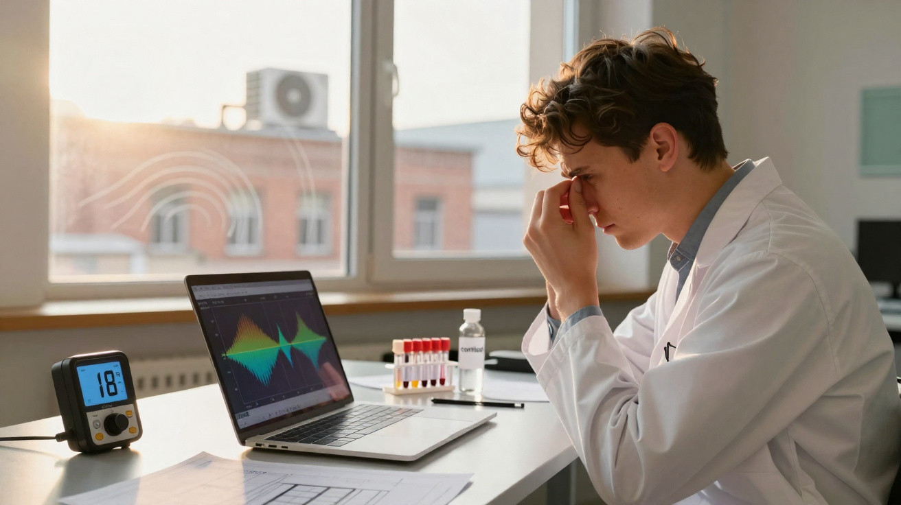 Scientist in lab coat sitting at desk with laptop, test tubes, and analysing data in a bright room.