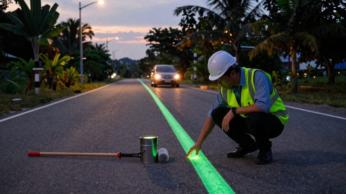 Man in safety gear inspecting a glowing green road line on a rural road at dusk with a car approaching.