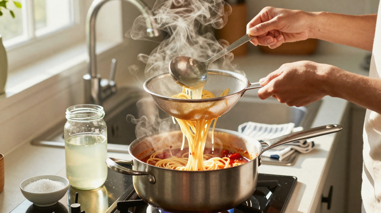 Hands straining cooked spaghetti over a pot of simmering tomato sauce on a gas stove in a bright kitchen.
