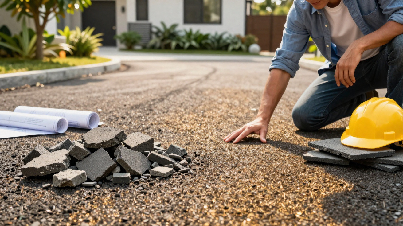 Person kneeling on gravel driveway inspecting surface with construction plans, rubble, and helmet nearby.