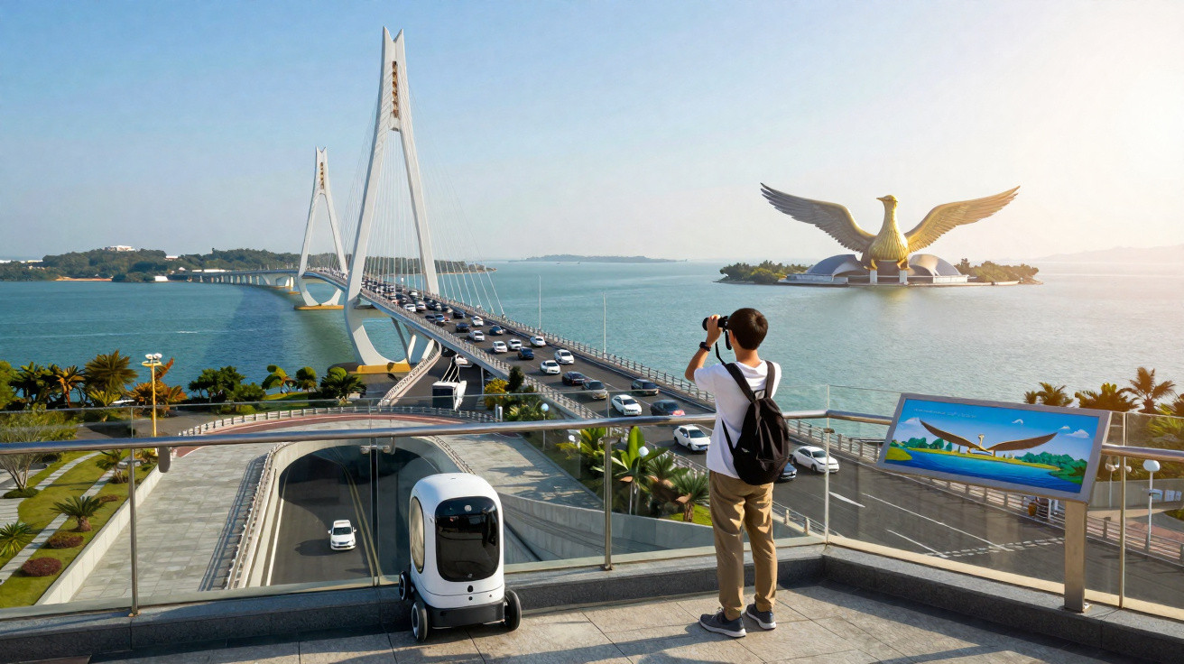 Person taking photo of a large golden eagle statue on an island near a busy cable-stayed bridge over water.