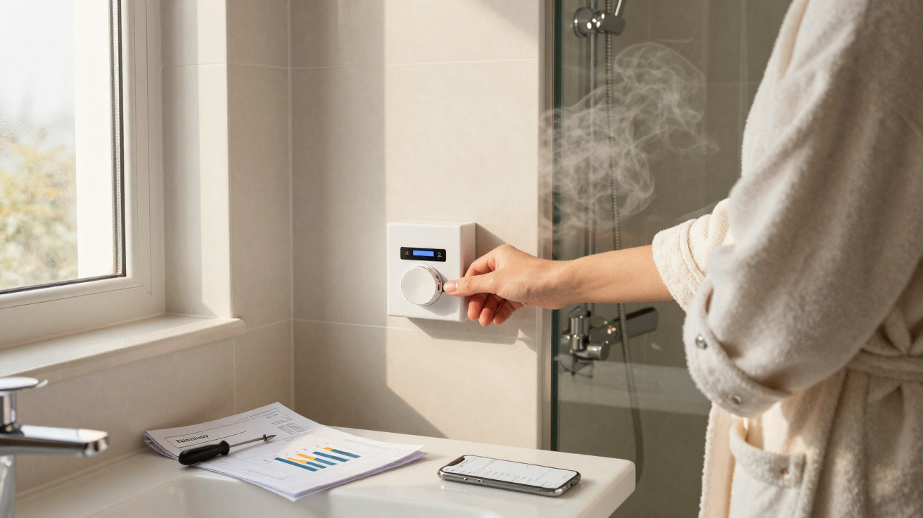 Person in bathrobe adjusting thermostat on bathroom wall near steaming shower and documents on sink.