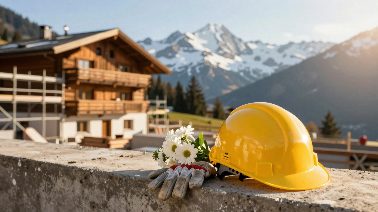 Yellow construction helmet, gloves and flowers on a wall with a wooden chalet and snowy mountains in the background.
