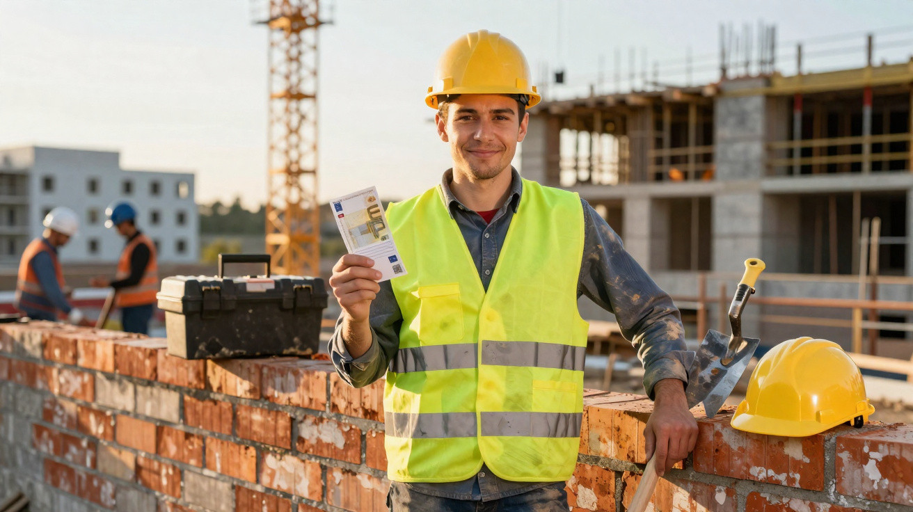 Construction worker in a high-visibility vest and hard hat holding euro banknotes at a building site.