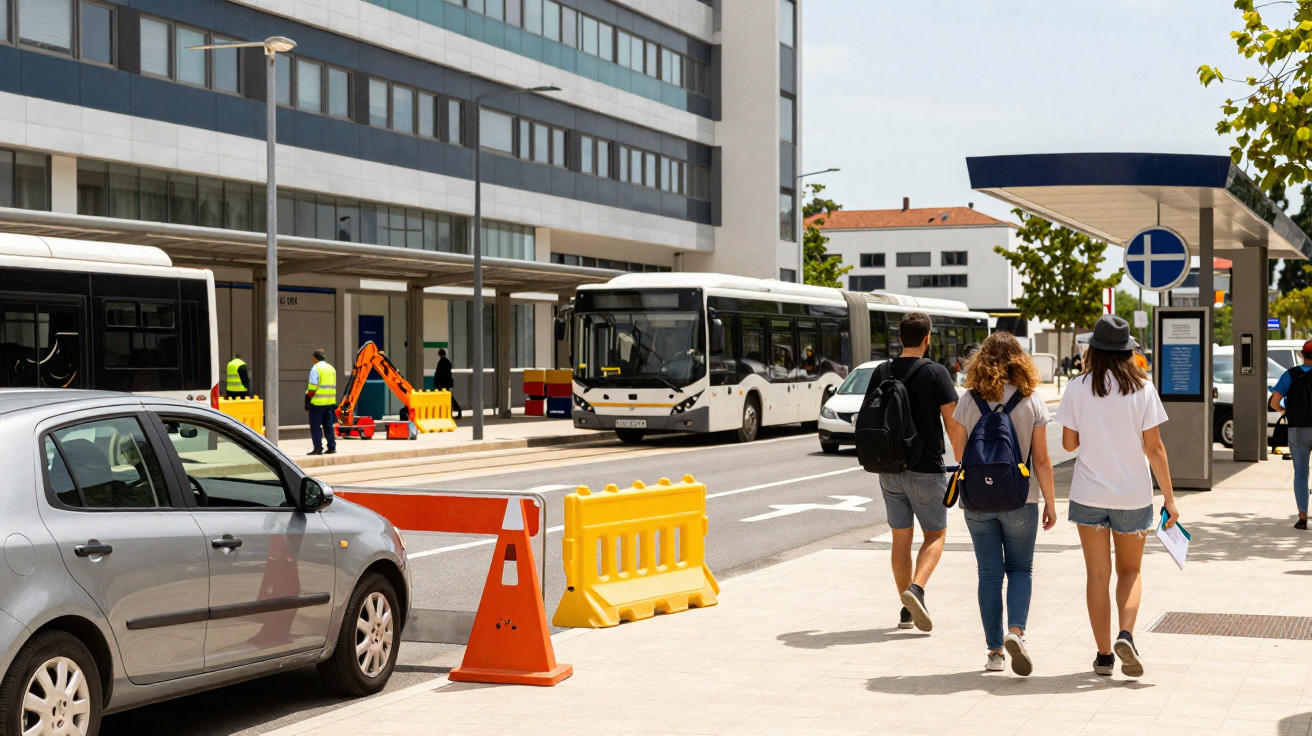 Three people walk along a city pavement near buses, cars, and construction barriers by a modern building.