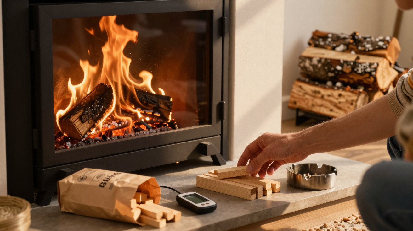 Hand arranging wooden kindling near a burning wood stove with stacked firewood in the background.