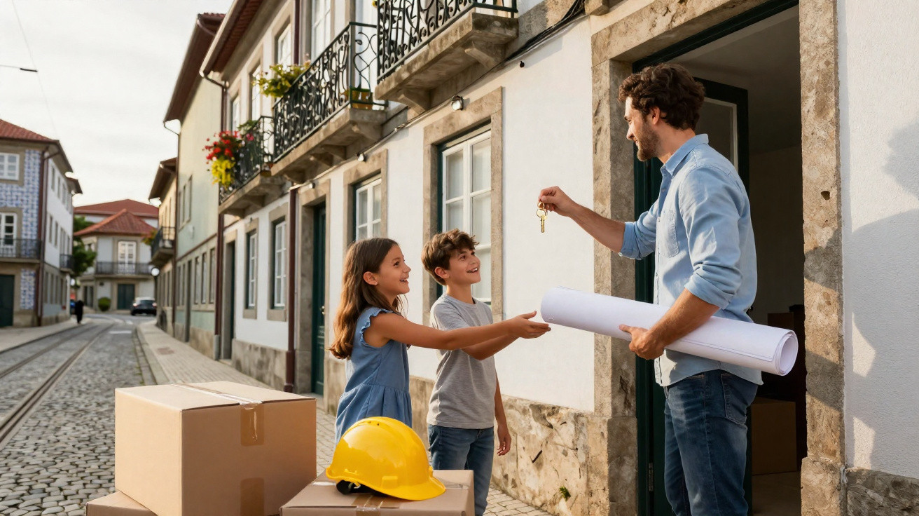 Father handing house keys to children outside a new home with moving boxes and a yellow helmet nearby.