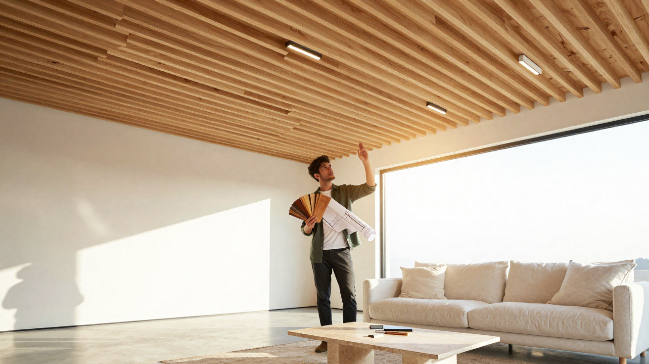 Man holding colour swatches and blueprints in a modern living room with wooden slat ceiling and large window.