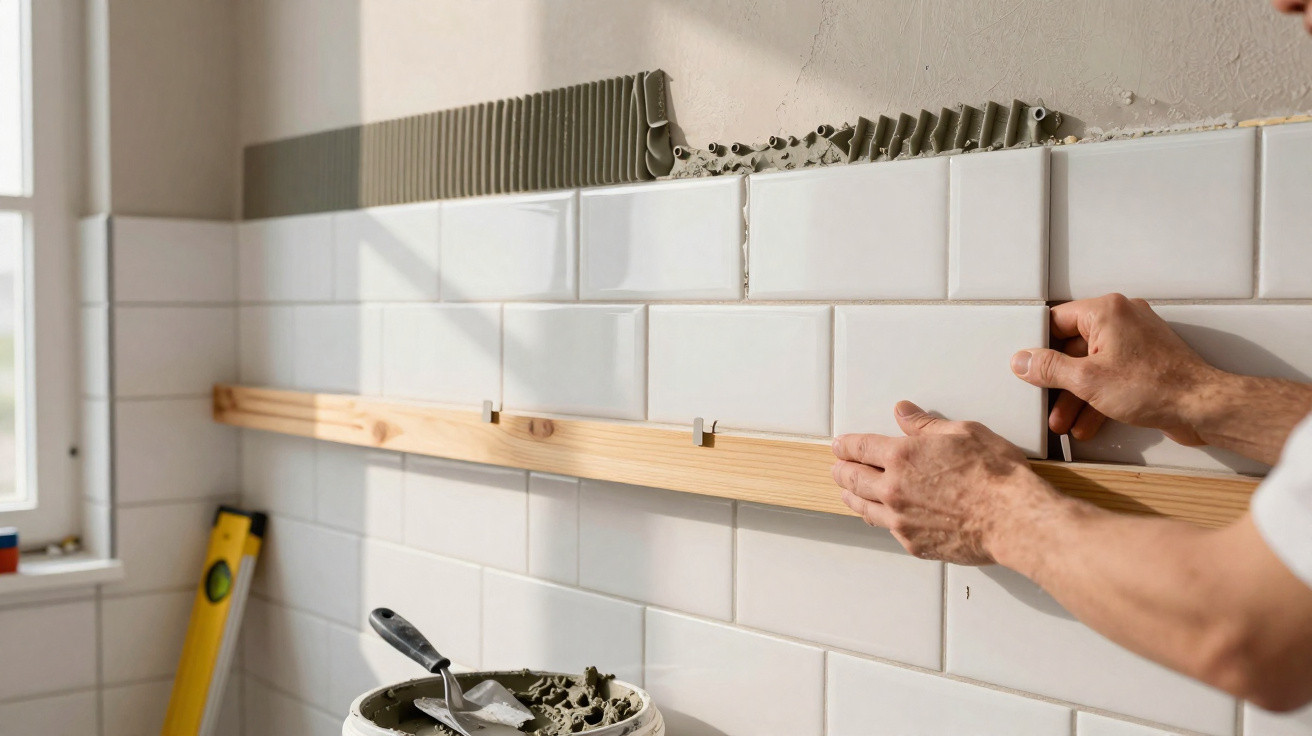 Hands installing white ceramic wall tiles above wooden battens in a room under renovation with tools nearby.