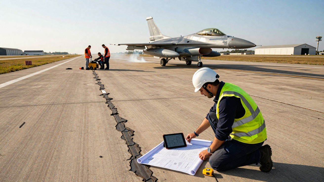 Engineer in safety gear inspecting cracked runway near jet fighter and ground crew at airport airstrip.