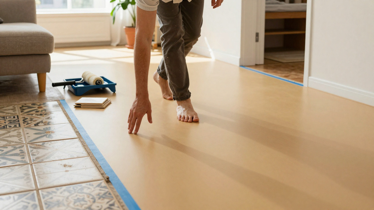 Person barefoot laying protective paper on floor next to patterned tiles and painting supplies in bright room