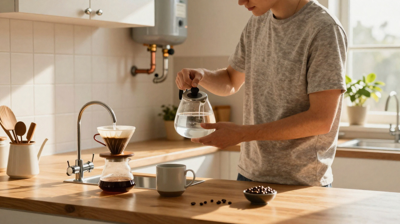 Person pouring hot water into a coffee dripper on a wooden kitchen counter with coffee beans nearby.