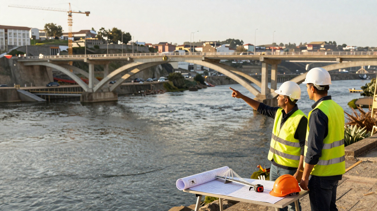 Two construction workers in high-visibility vests and helmets inspecting a river and bridge with blueprints on a table.