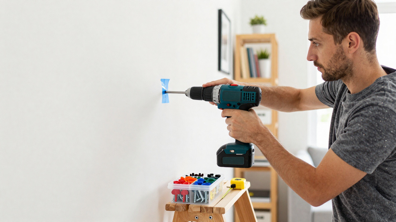 Man using a cordless drill to make a hole in a white wall with screws and wall plugs on a workbench nearby.