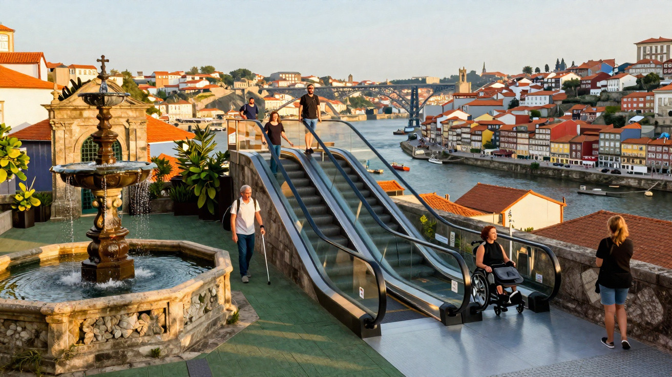 Outdoor escalators beside a historic fountain with people and a river view of a city with red-roofed buildings.
