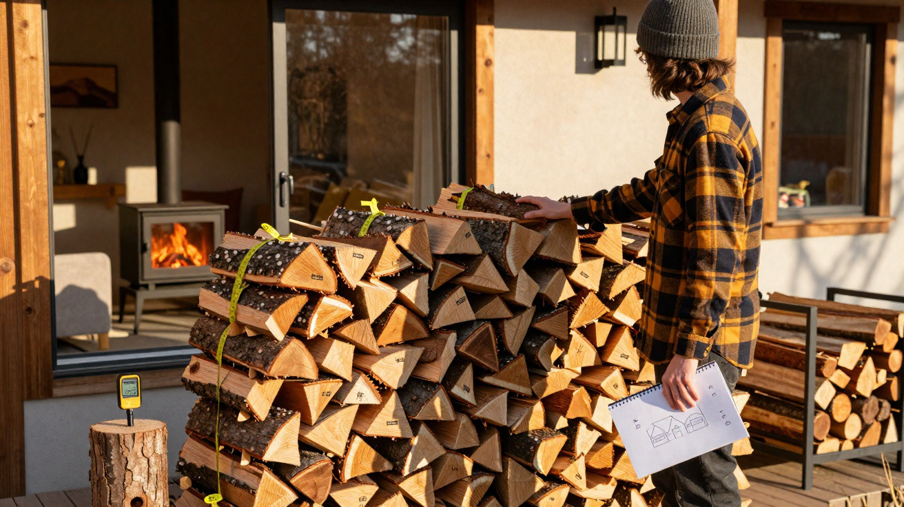 Person in a beanie and checked shirt stacking firewood outside a house with a wood-burning stove inside.