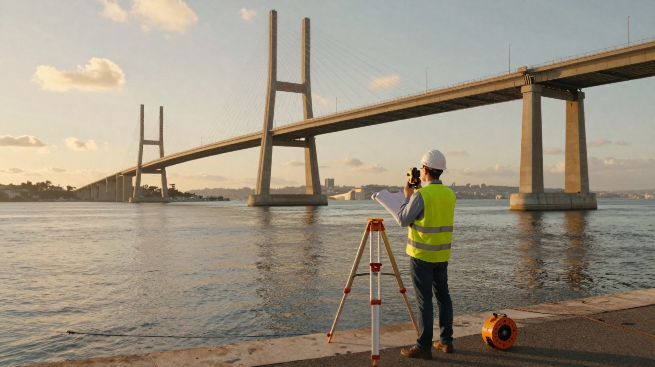 Surveyor in a high-visibility vest using equipment by a river with a large cable-stayed bridge in the background at sunset.