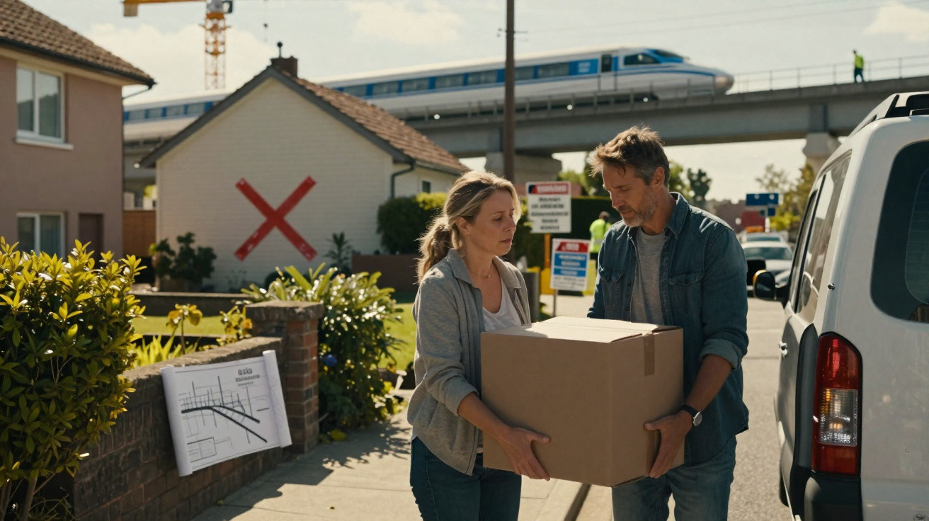 A man and woman carrying a large cardboard box on a suburban street with a train passing on a bridge above.