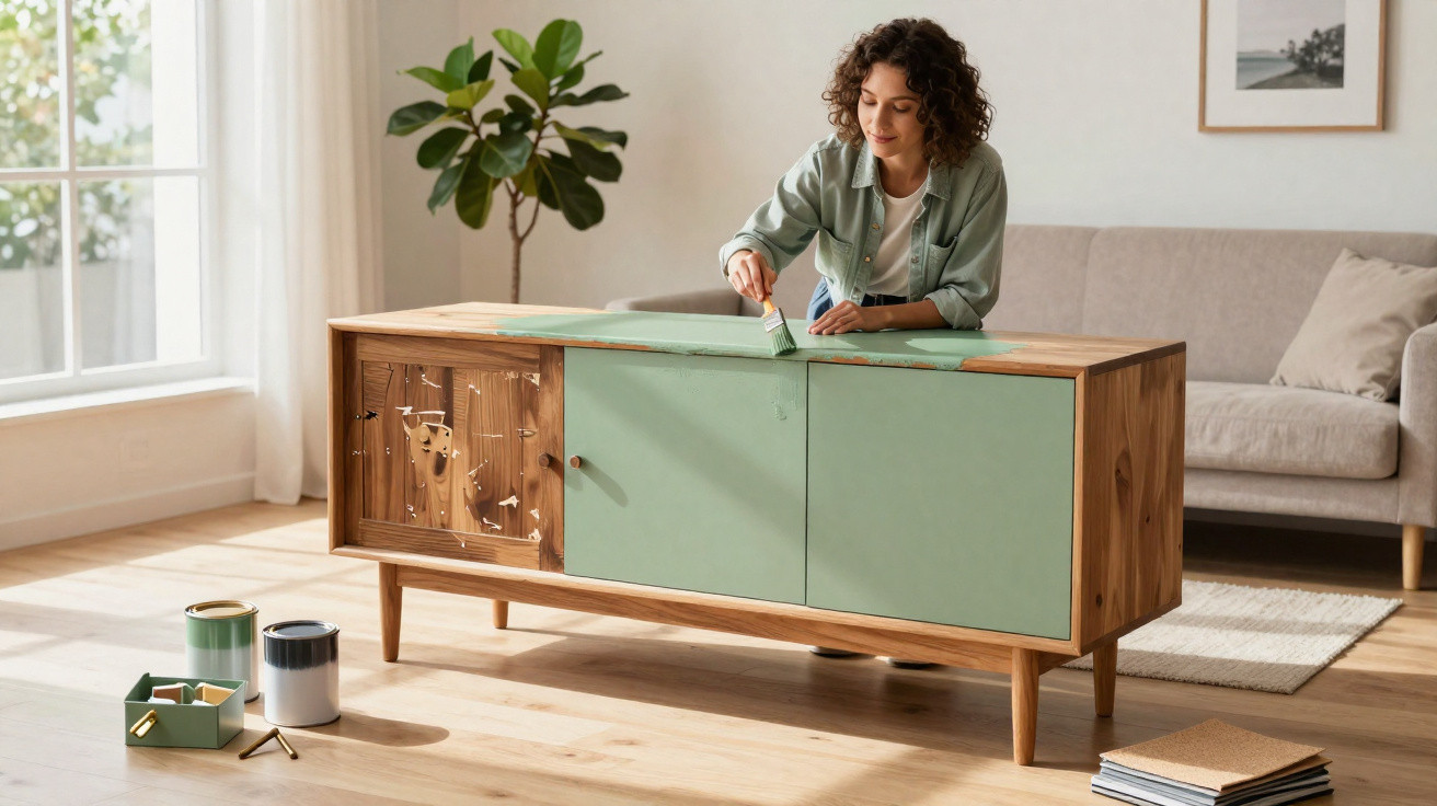 Woman painting a wooden sideboard with green paint in a bright living room.