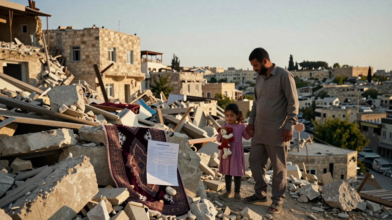 Man and young girl holding hands amid rubble of destroyed buildings in a residential area at sunset
