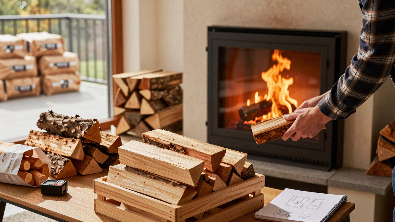 Person placing a log into a wood-burning stove with stacked firewood nearby.