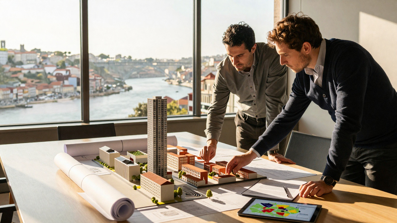 Two men examine an architectural model and blueprints on a table by a large window overlooking a river.