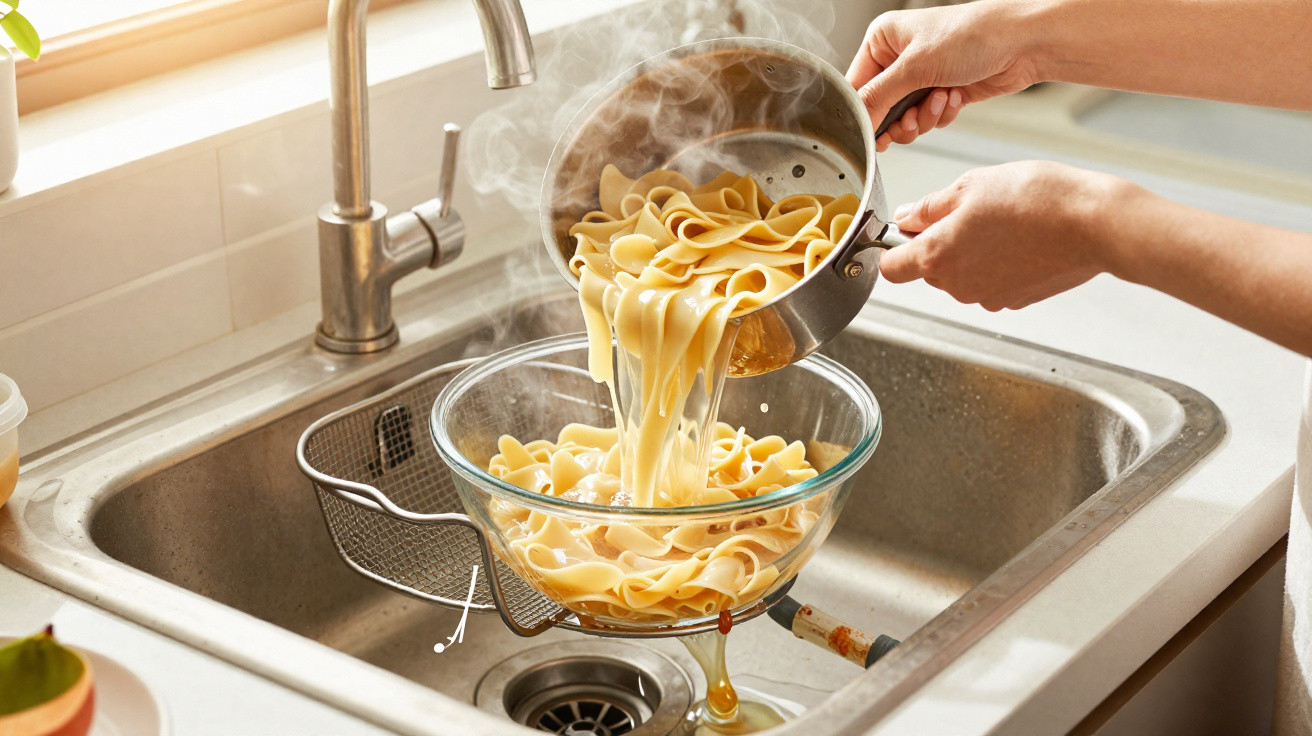 Hands draining steaming cooked pasta from a colander into a glass bowl over a kitchen sink.