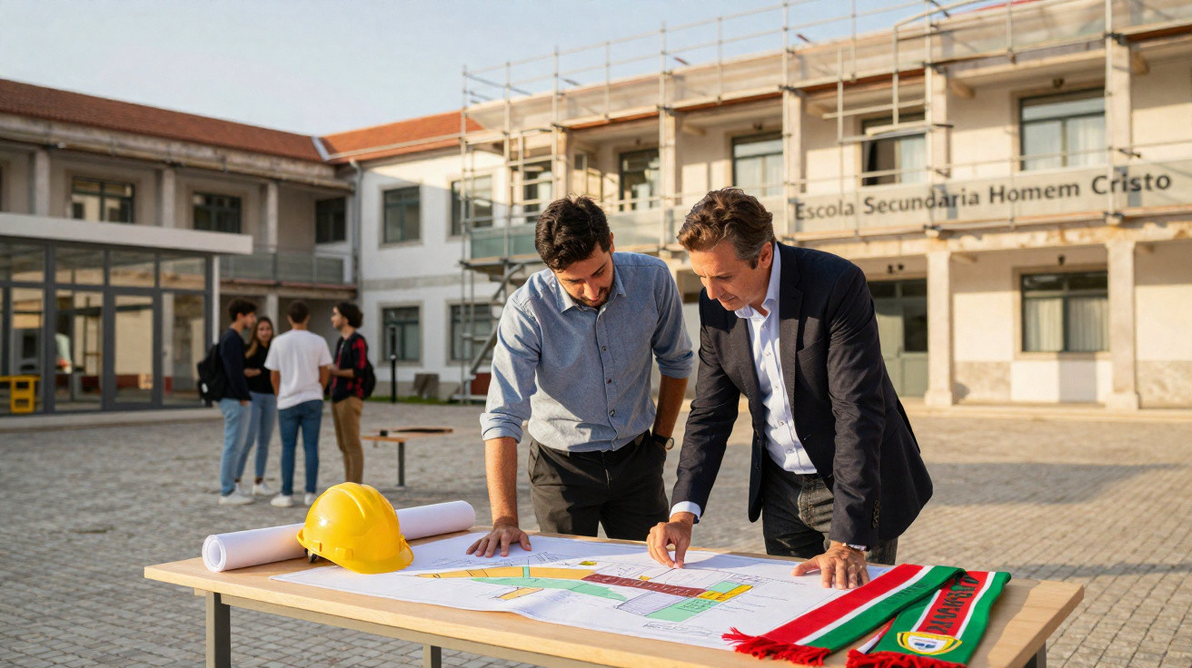 Two men reviewing construction plans on a table outside a school building under renovation.