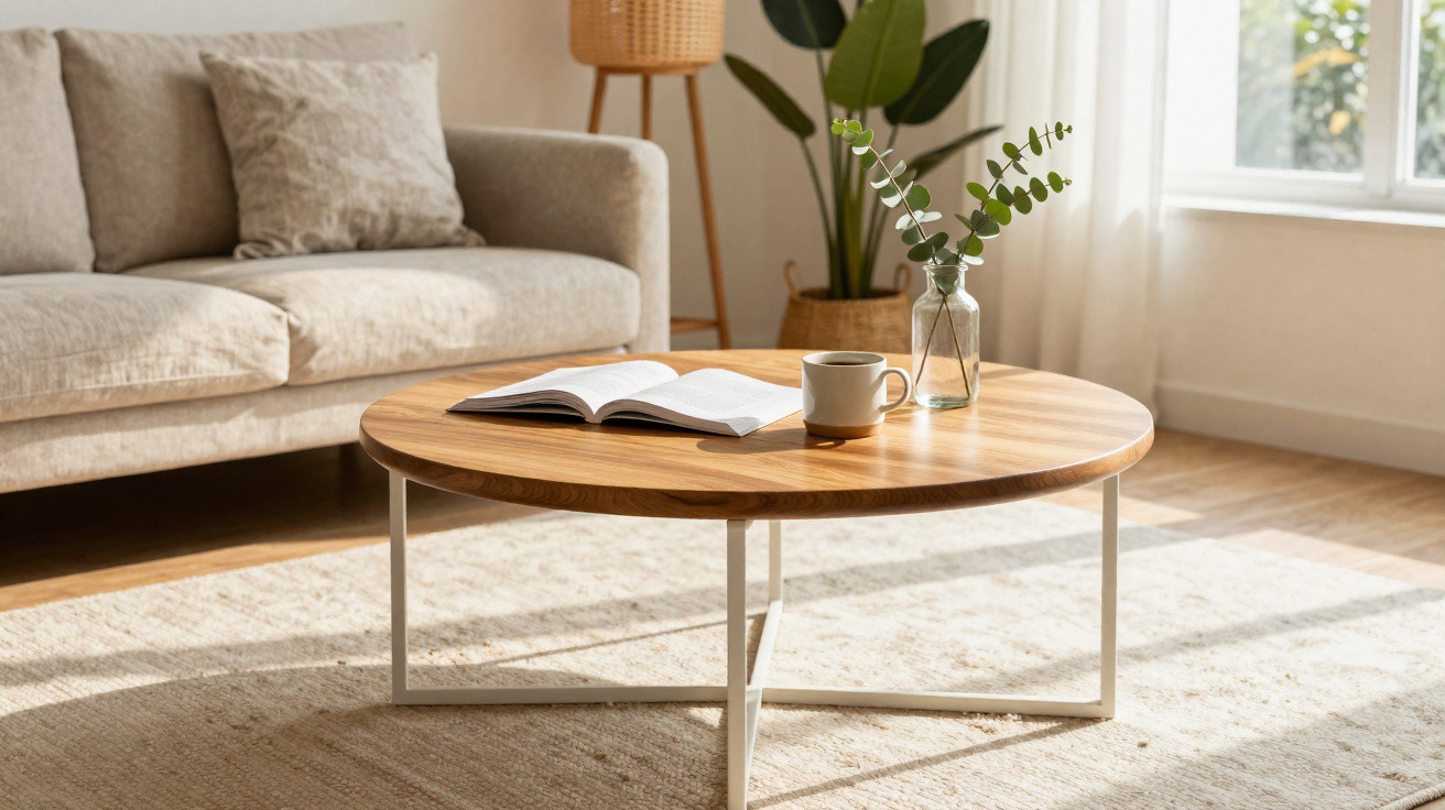 Round wooden coffee table with an open book, mug, and plant vase in a bright living room.