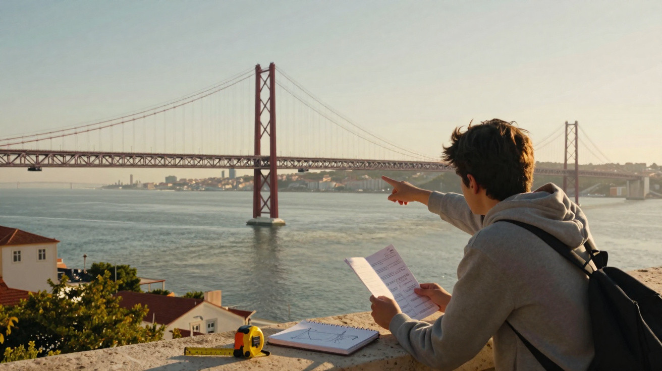 Young man studies and points at a red suspension bridge over a river in a sunny urban setting.