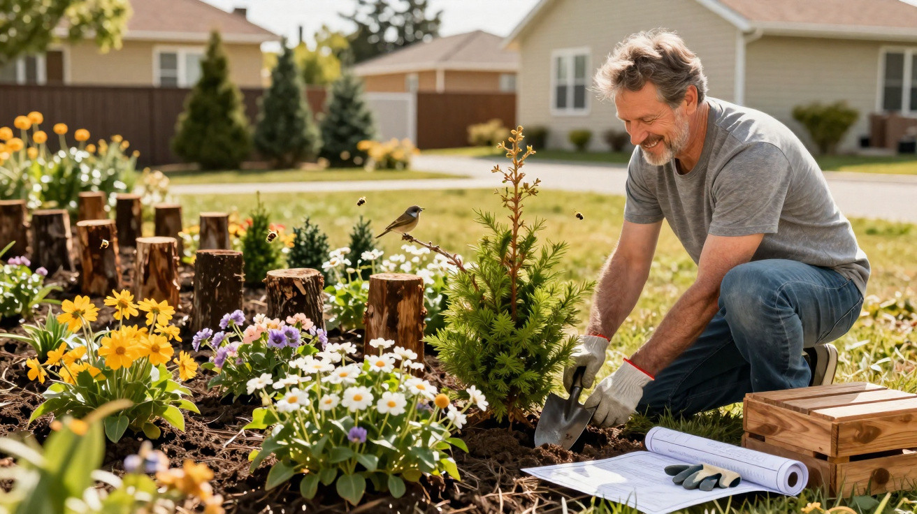 Man planting a small conifer tree in a colourful garden with flowers and garden plans on the ground.