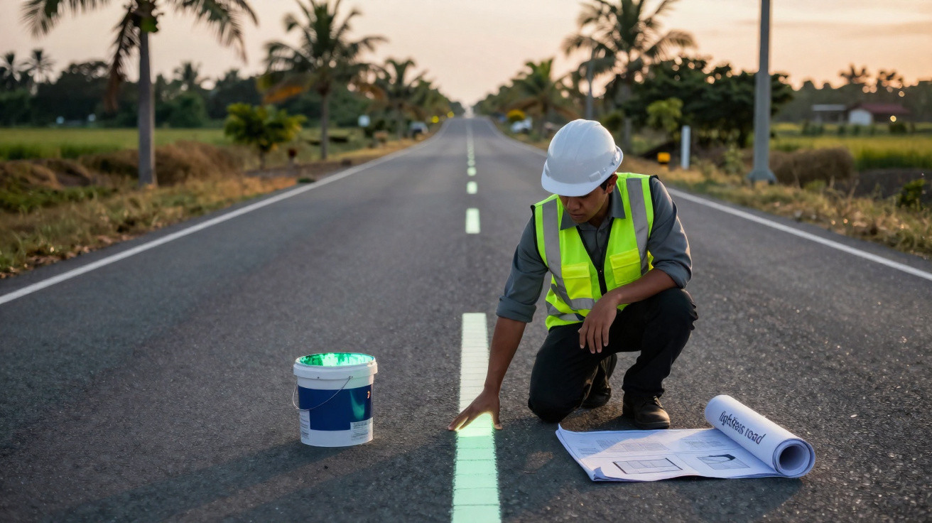 Construction worker in a high-visibility vest and helmet painting a road line on an empty asphalt road at sunset.