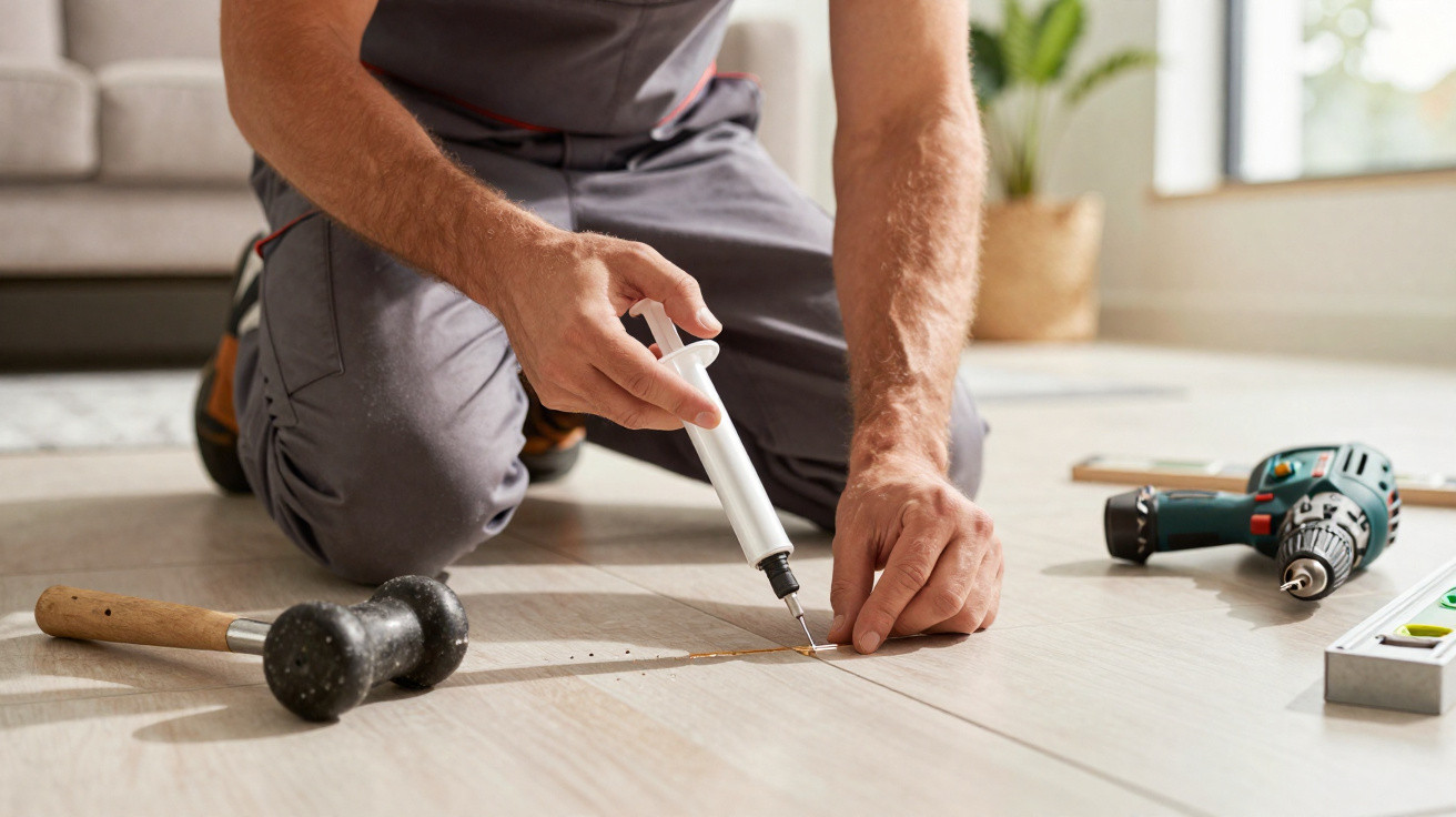 Person using a syringe to inject adhesive into wood flooring joints during repair, with tools nearby.