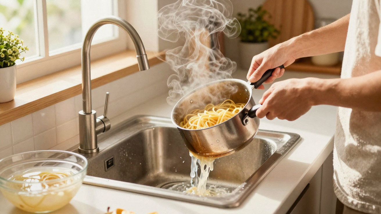 Person draining steaming cooked spaghetti from a saucepan into a kitchen sink with a bowl of pasta water nearby.