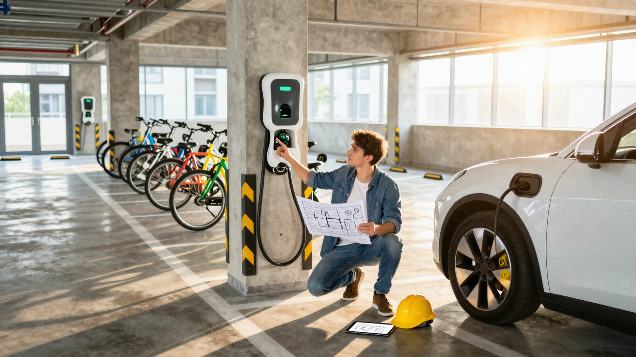 Man inspecting electric car charging station in a parking garage with bicycles and electric vehicle nearby.