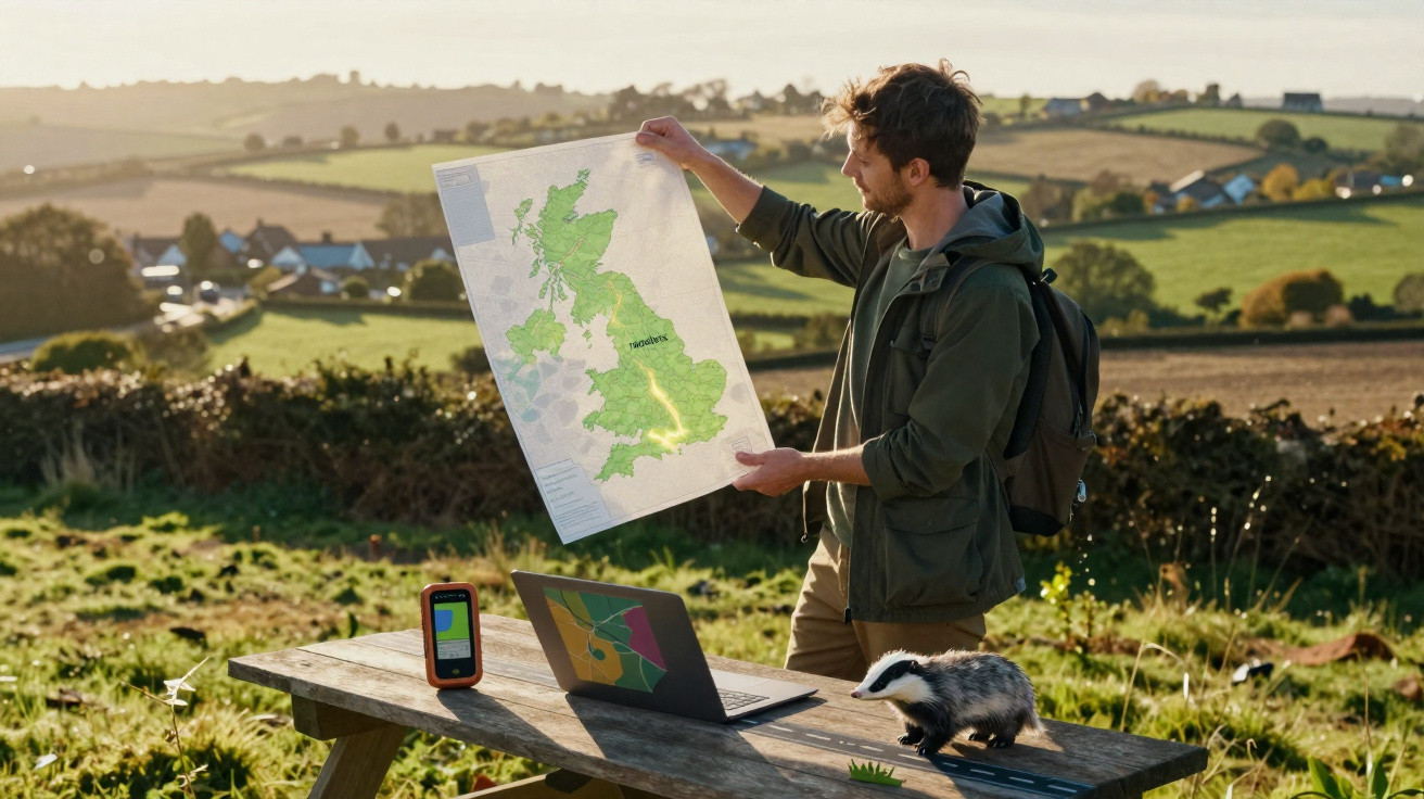 Man holding a map of the UK outdoors at a picnic table with a laptop, GPS device, and a badger.