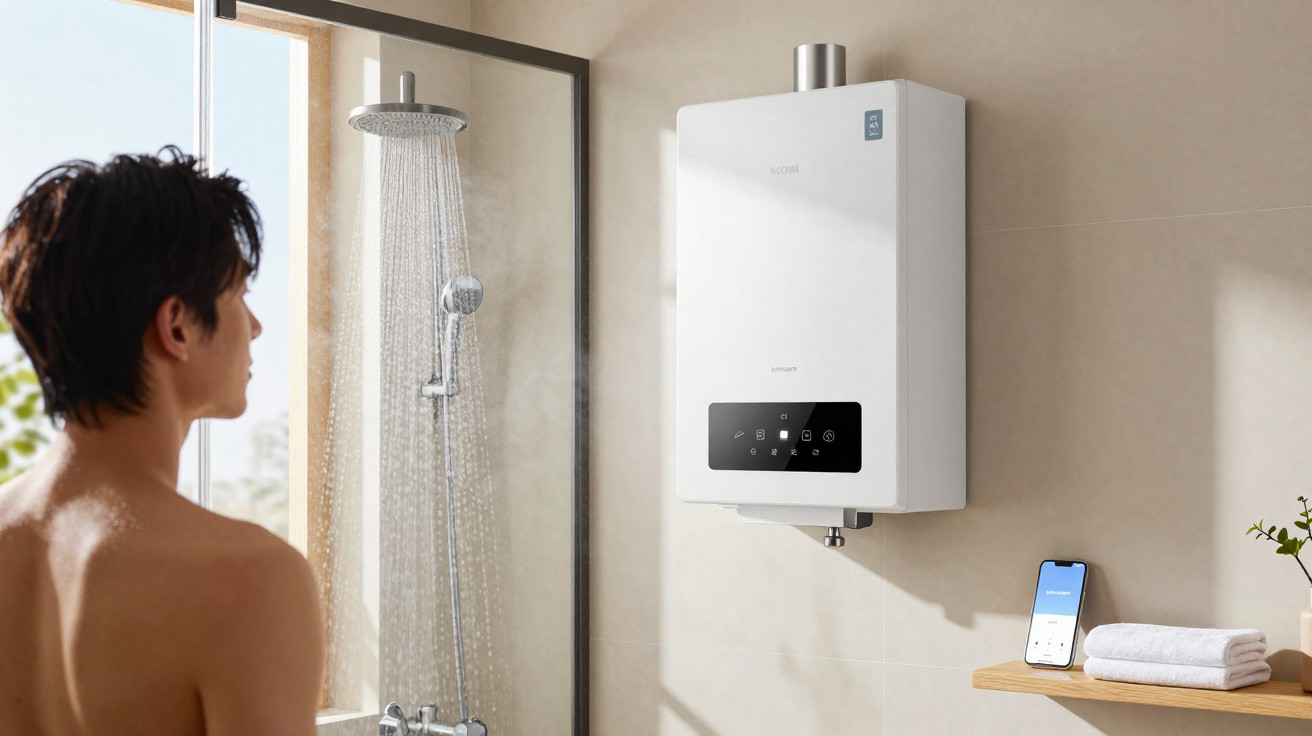 Man standing in shower looking at a white wall-mounted water heater with a smartphone on a shelf nearby.