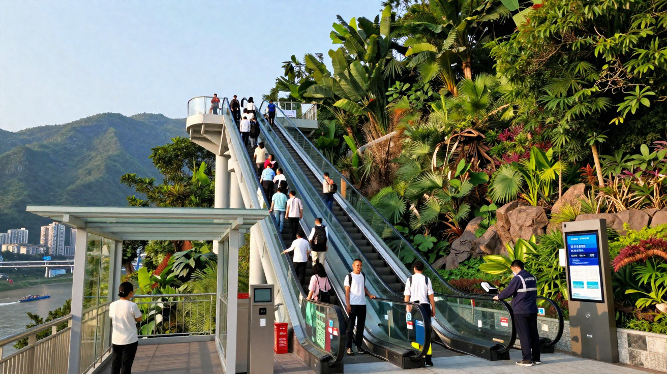 People using an outdoor escalator surrounded by lush greenery and mountains on a sunny day.