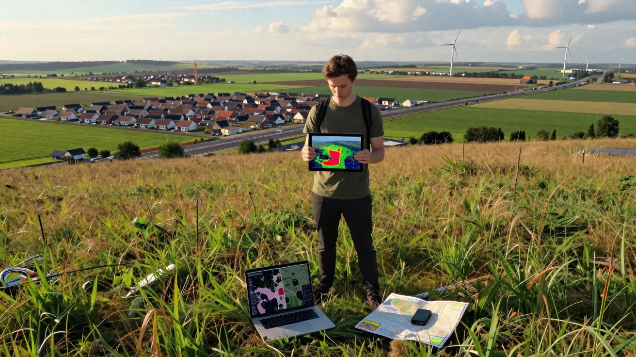 Young man with backpack standing in a grassy field holding a tablet displaying a colourful heat map near a laptop and map.