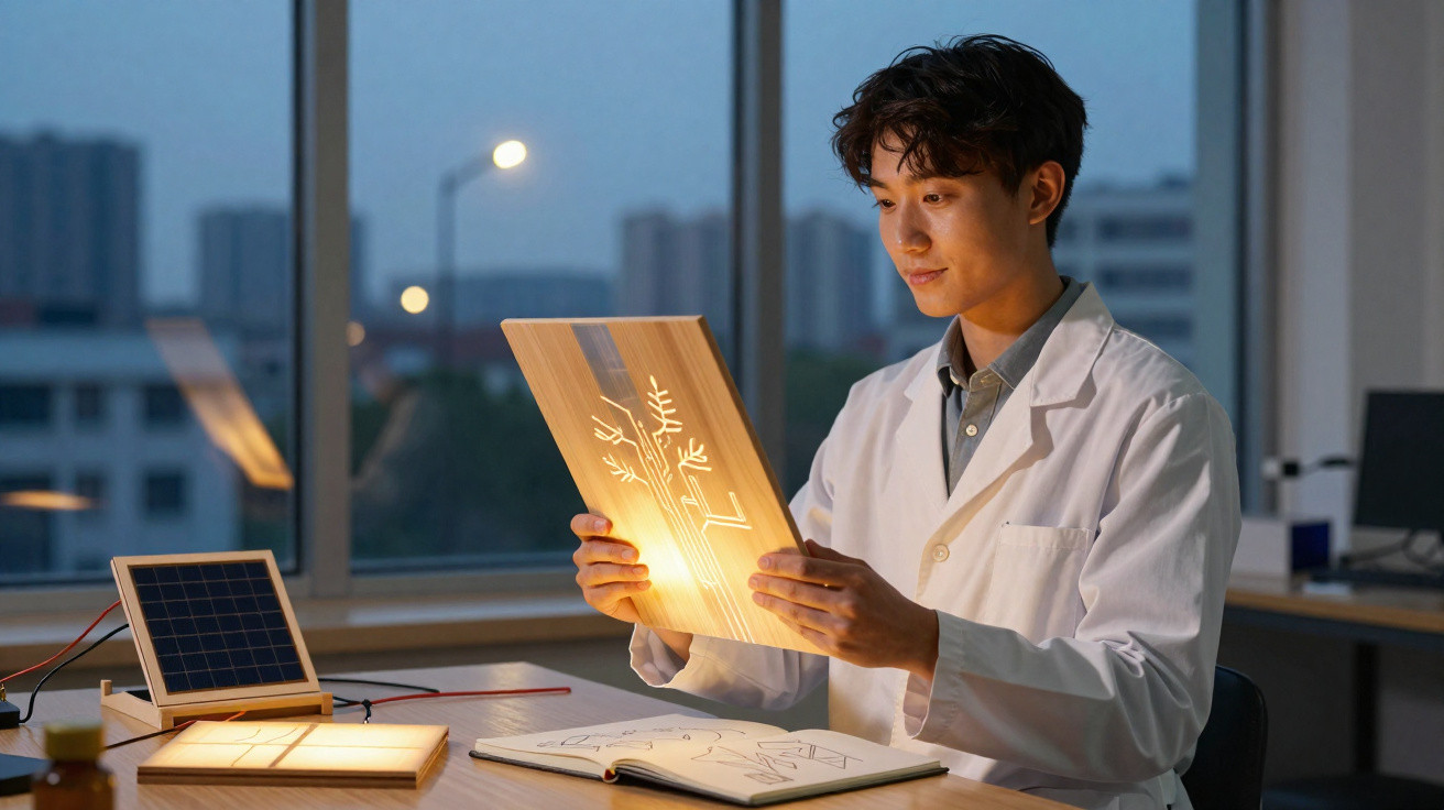 Scientist in a lab coat examining a glowing circuit board with a solar panel in a dimly lit room.
