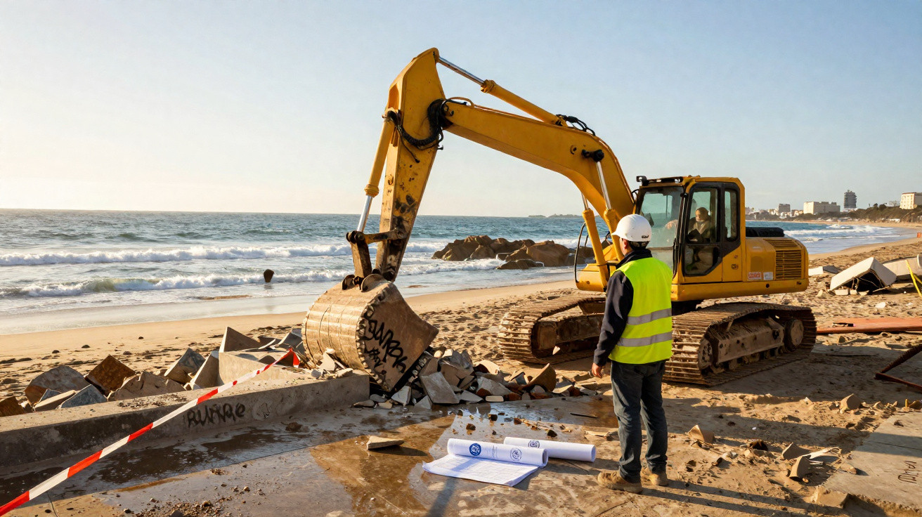 Construction worker in high-visibility vest and hard hat operating excavator on a beach near broken concrete.