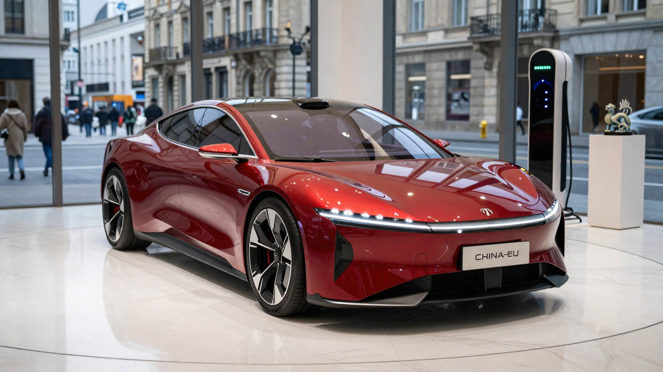 Sleek red electric sports car with futuristic design displayed indoors near charging station.