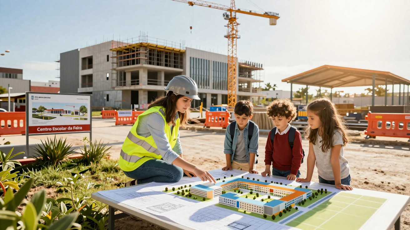Female architect in hard hat shows school building model to three children at a construction site in daylight.