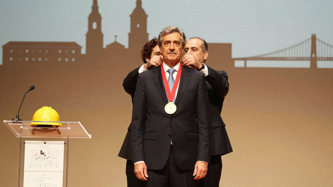 Man receiving a medal on stage with two others behind him, a hard hat on a clear podium nearby.