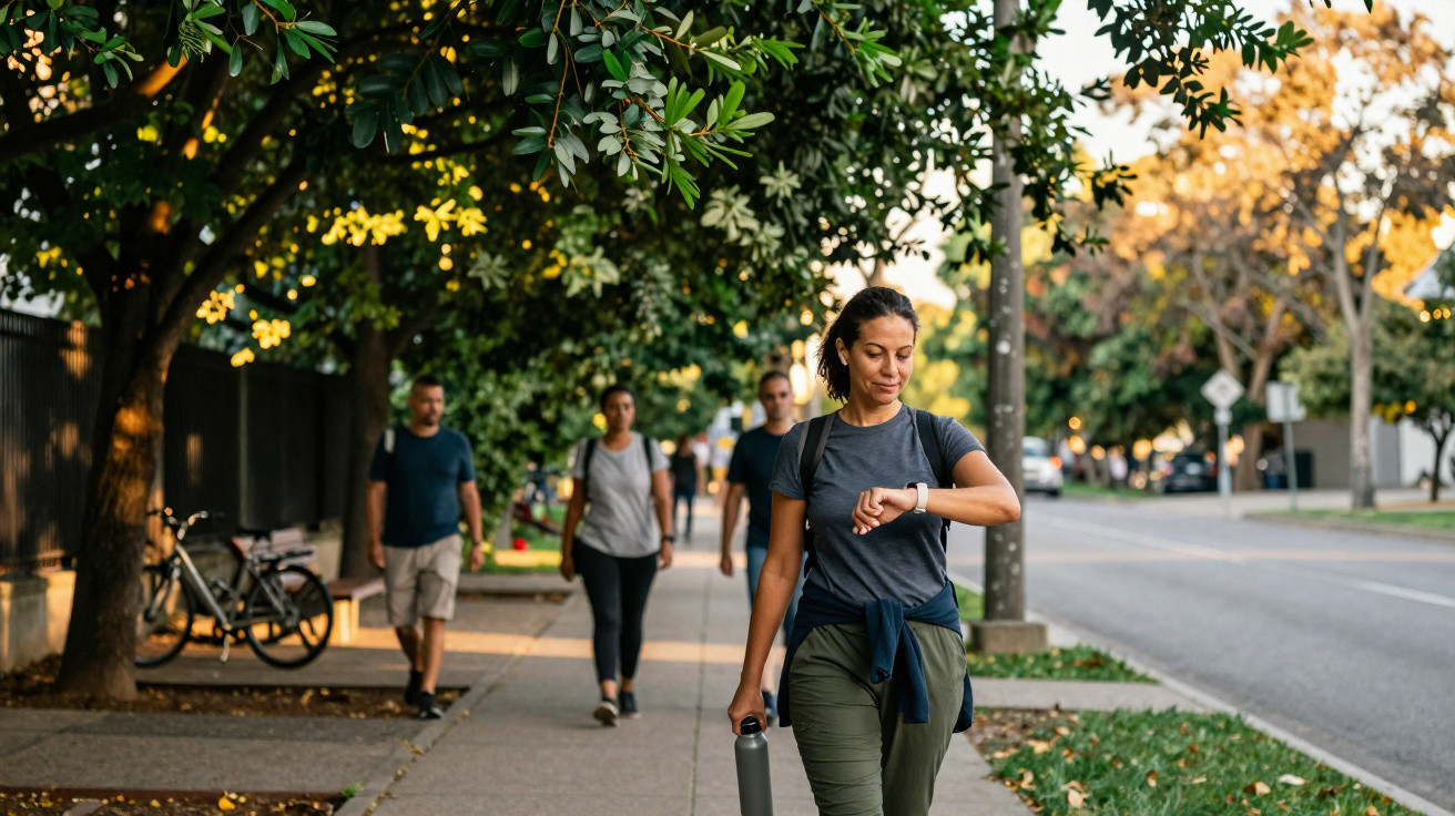 Woman walking on a tree-lined sidewalk checking her smartwatch, with three people walking behind her in the evening light.