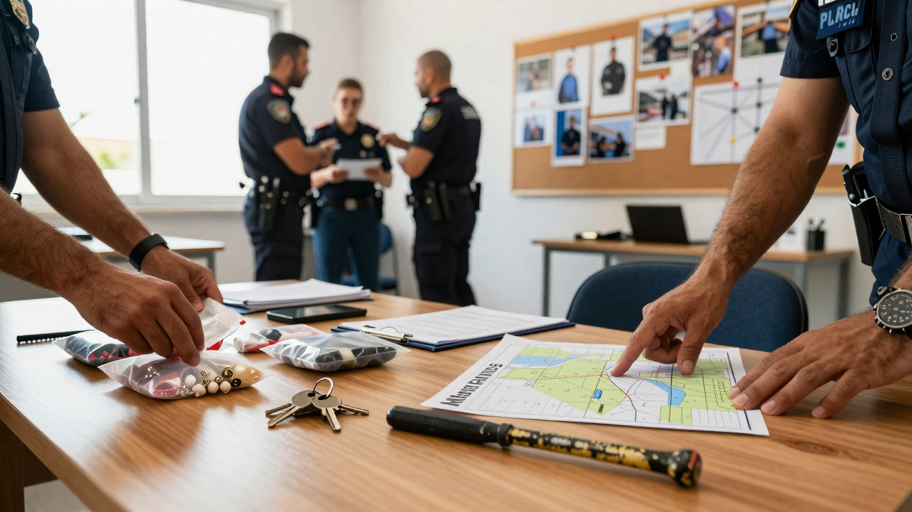 Police officers gather in a briefing room with evidence bags, keys, a map, and a baton on the table.