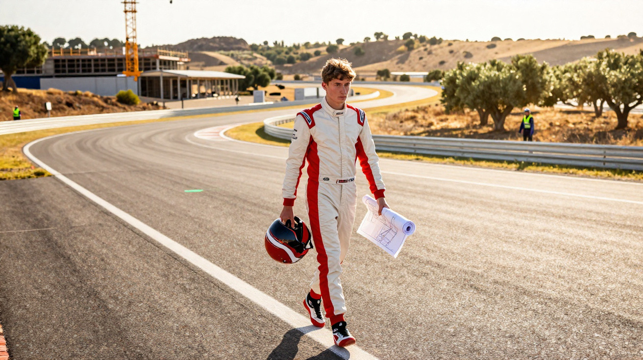 Race car driver in white and red suit walking on race track holding helmet and plans under sunlight