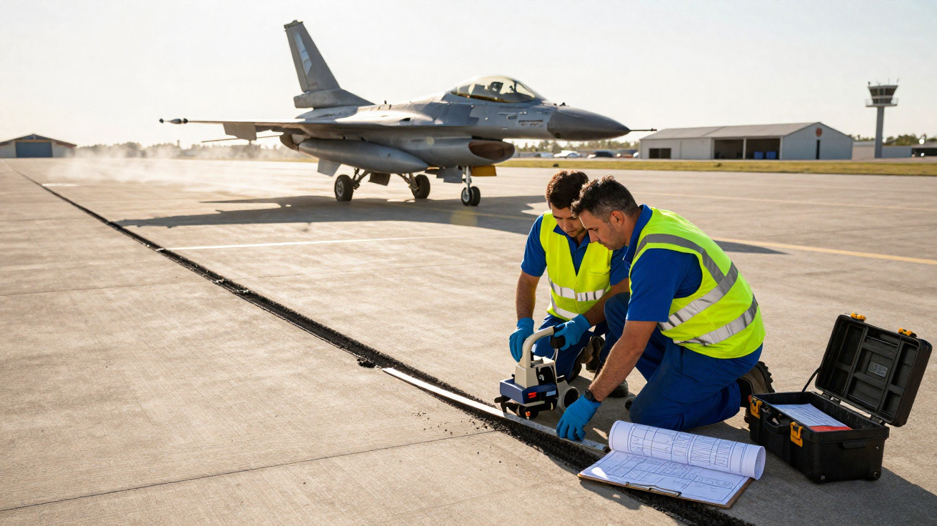 Two workers in high-visibility vests inspecting a runway crack with an aircraft in the background.